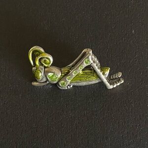 Vintage Signed AJMO Grasshopper Brooch Peridot Colored Rhinestones and Pewter